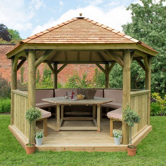 13'x12' (4x3.5m) Luxury Wooden Furnished Garden Gazebo with New England Cedar Roof - Seats up to 15 people