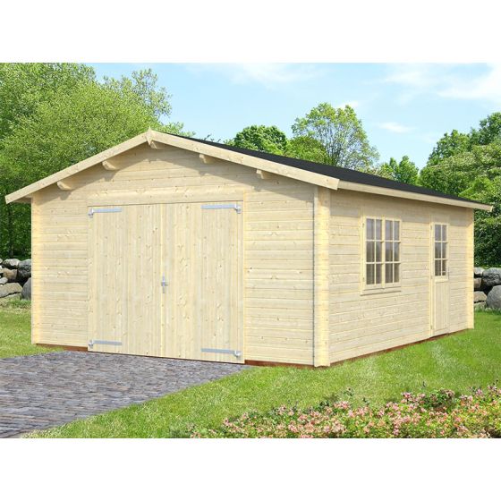 Palmako Roger 3.6m x 5.5m Log Cabin Single Garage (44mm) - Double Doors |  Shedstore | Garagen