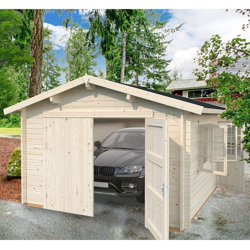 Palmako Roger 3.6m x 5.5m Log Cabin Single Garage (44mm) - Double Doors |  Shedstore