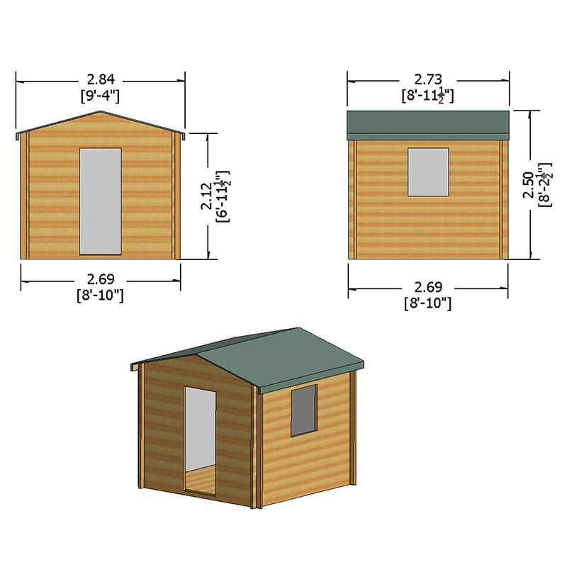 Shire Danbury 2.8m x 2.7m Log Cabin Shed (19mm) Technical Drawing