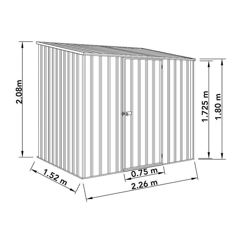 7'5 x 5' Absco Storemaster 2PE Green Metal Shed (2.26m x 1.52m) Technical Drawing