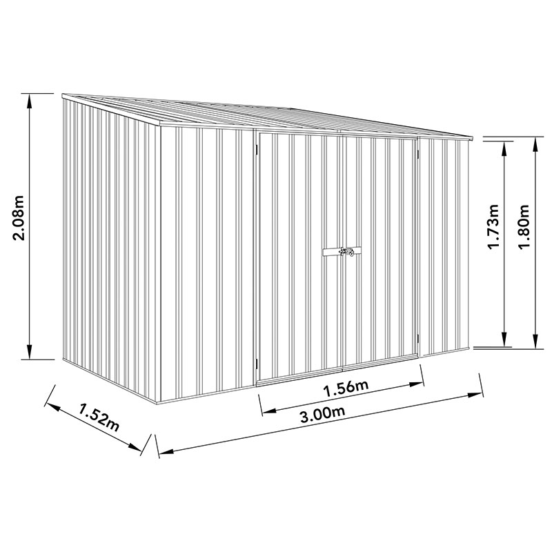 9'10 x 5' Absco Space Saver Pent Double Door Metal Shed - Grey (3m x 1.52m) Technical Drawing