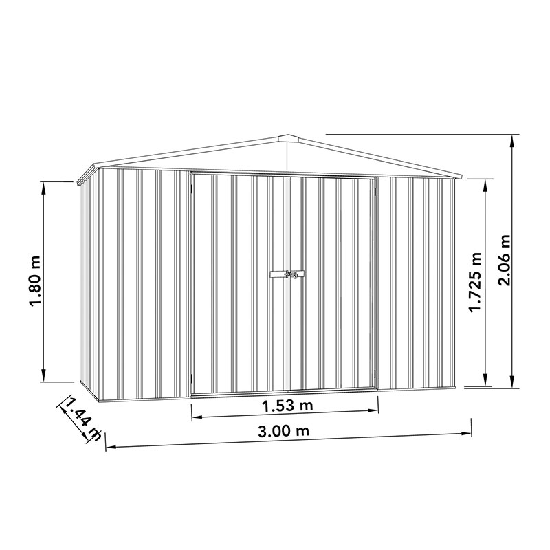 10' x 5' Absco Regent Double Door Metal Shed - Grey (3m x 1.44m) Technical Drawing