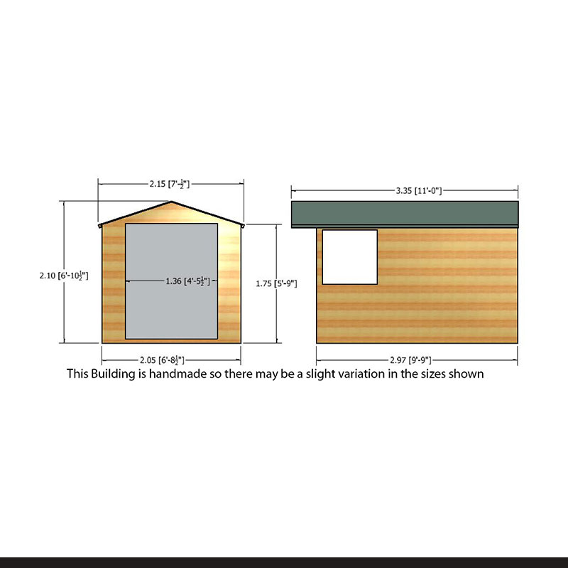 10' x 7' Shire Guernsey Premium Pressure Treated Double Door Garden Shed (3.35m x 2.2m) Technical Drawing