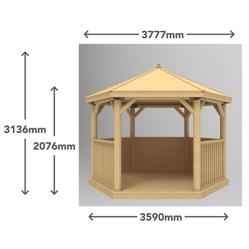 12'x10' (3.6x3.1m) Luxury Wooden Furnished Garden Gazebo with Traditional Timber Roof - Seats up to 10 people Technical Drawing