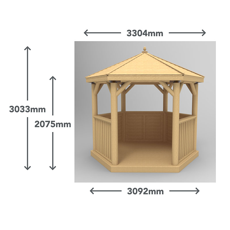 10'x9' (3x2.7m) Luxury Wooden Garden Gazebo with Thatched Roof - Seats up to 10 people Technical Drawing