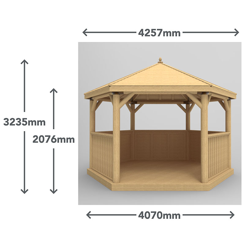 13'x12' (4x3.5m) Luxury Wooden Furnished Garden Gazebo with Country Thatch Roof - Seats up to 15 people Technical Drawing