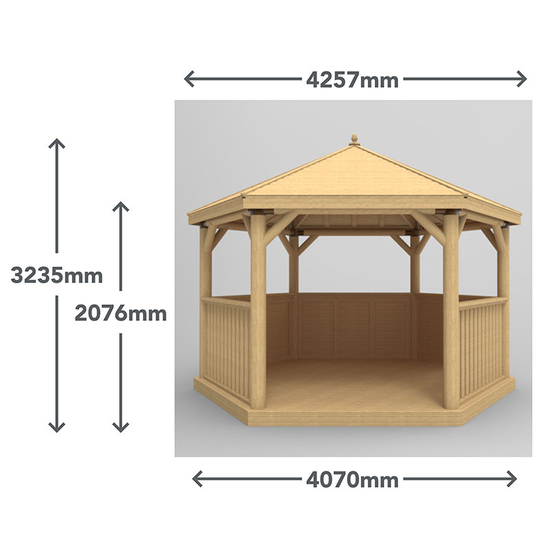 13'x12' (4x3.5m) Luxury Wooden Garden Gazebo with Country Thatch Roof - Seats up to 15 people Technical Drawing