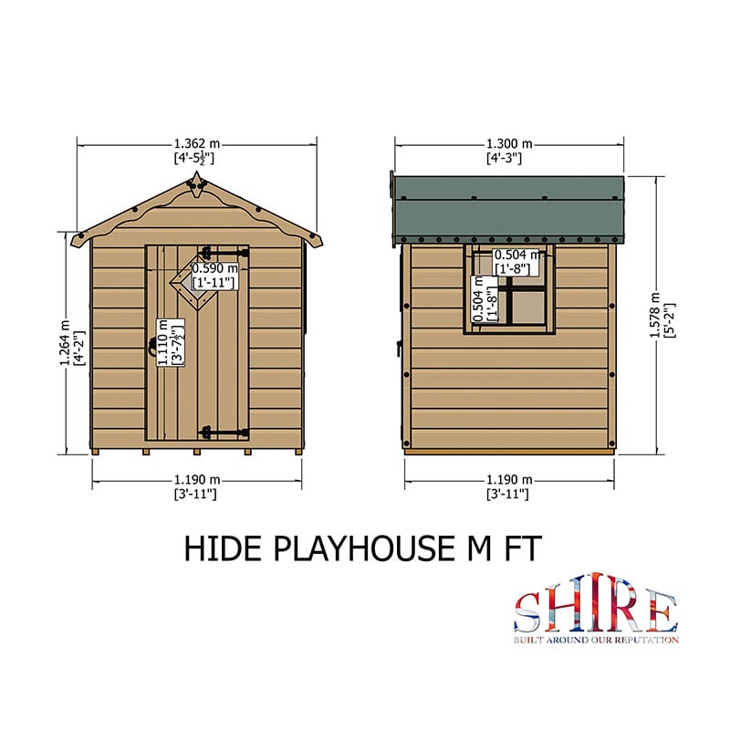 4' x 4' Shire Hide Kids Wooden Playhouse (1.19m x 1.19m) Technical Drawing
