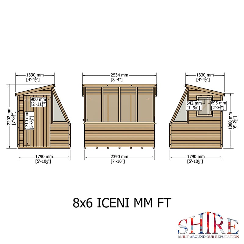 6' x 8' Shire Iceni Pent Potting Shed (1.83m x 2.5m) Technical Drawing