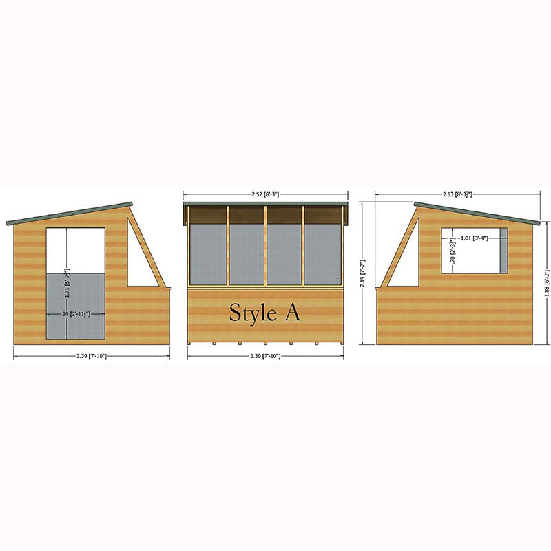 8' x 8' Shire Iceni Pent Potting Shed (2.5m x 2.5m) Technical Drawing