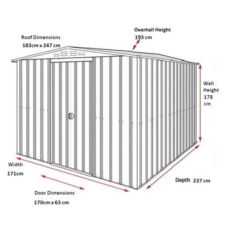 6' x 8' Globel Heritage Green Apex Metal Shed (2.47m x 1.84m) Technical Drawing