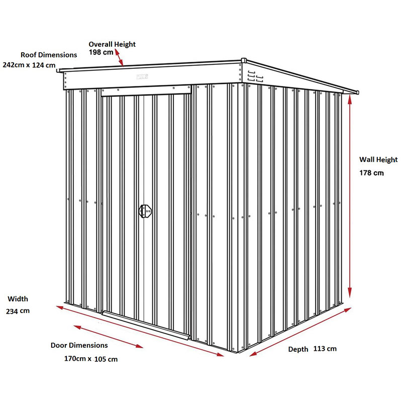 8' x 4' Globel Heritage Green Pent Metal Shed (2.42m x 1.24m) Technical Drawing