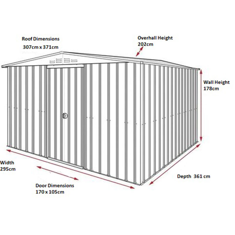 10' x 12' Globel Heritage Green Apex Metal Shed (3.07m x 3.71m) Technical Drawing