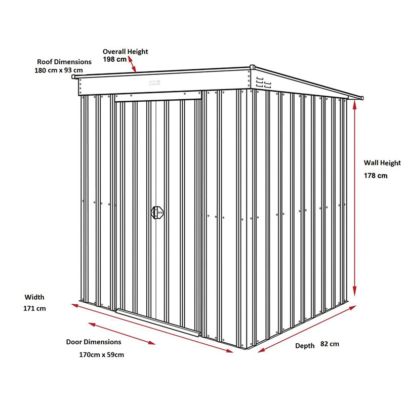 6' x 3' Globel Anthracite Grey Pent Metal Shed (1.8m x 0.93m) Technical Drawing