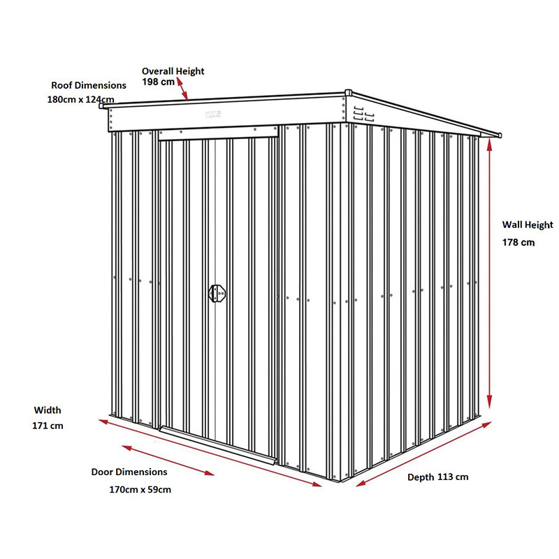6' x 4' Globel Anthracite Grey Pent Metal Shed (1.8m x 1.24m) Technical Drawing