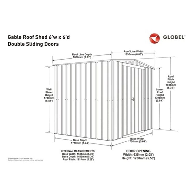 6' x 6' Globel Anthracite Grey Apex Metal Shed (1.83m x 1.85m) Technical Drawing