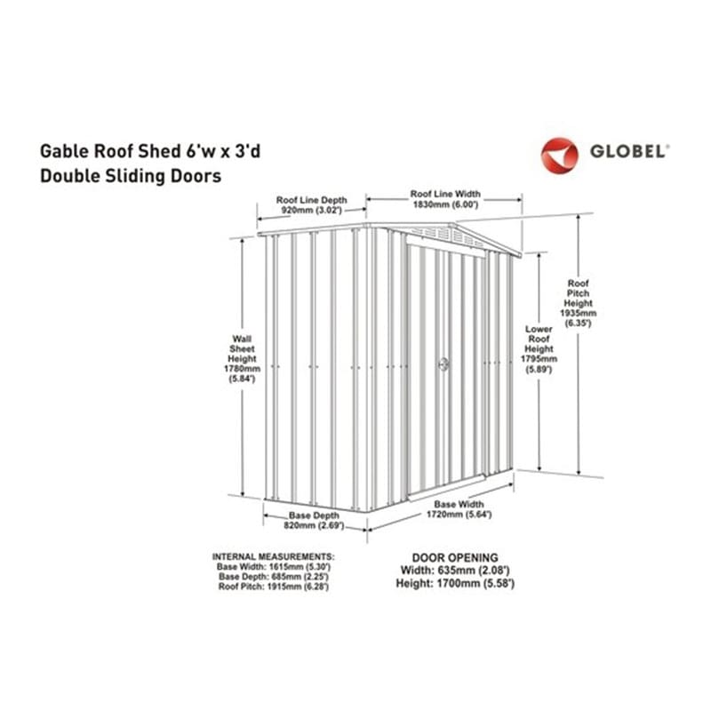 6' x 3' Globel Heritage Green Apex Metal Shed (1.84m x 0.92m) Technical Drawing