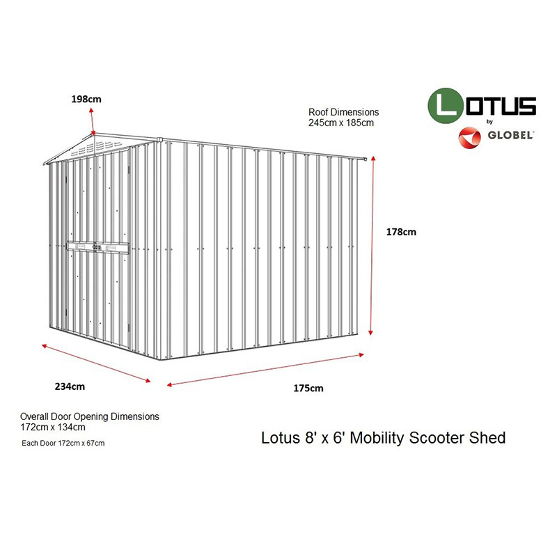 8' x 6' Globel Metal Shed & Mobility Scooter Store (2.45m x 1.85m) Technical Drawing