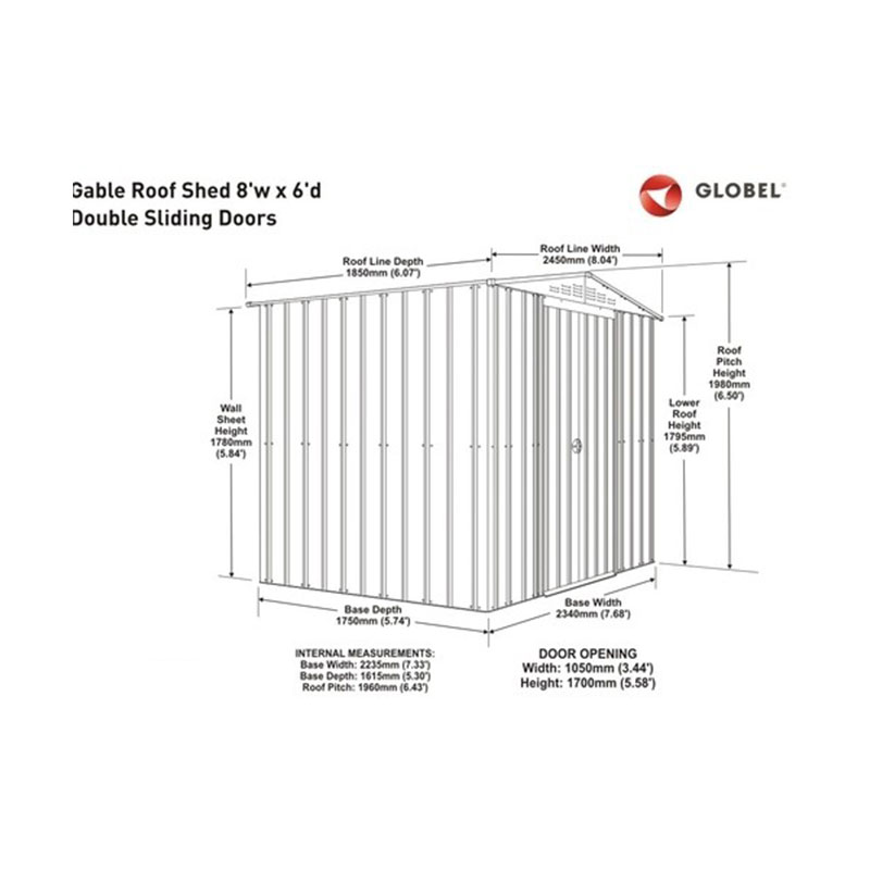 8' x 6' Globel Heritage Green Apex Metal Shed (2.45m x 1.85m) Technical Drawing