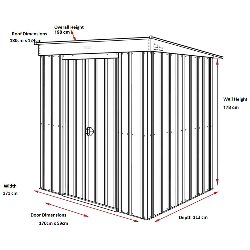 6' x 4' Globel Heritage Green Pent Metal Shed (1.8m x 1.24m) Technical Drawing
