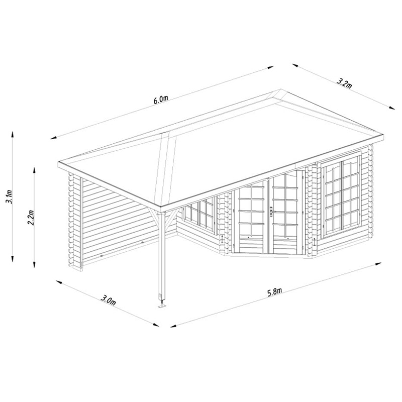 Palmako Melanie 5.7m x 3m Corner Log Cabin Summer House (28mm) Technical Drawing