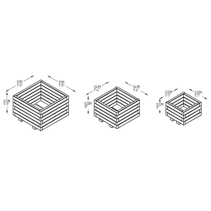 Forest Kendal Square Wooden Garden Planter 1'8x1'8 (0.5x0.5m) - Set of 3 Technical Drawing