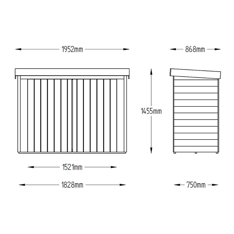 6'5 x 2'10 Forest Double Door Overlap Wooden Bike Shed / Pressure Treated (no floor) Technical Drawing