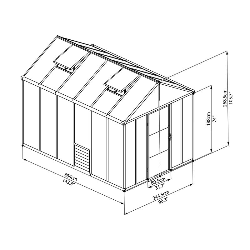 8'x12' Palram Canopia Glory Grey Large Polycarbonate Greenhouse (2.4x3.6m) Technical Drawing