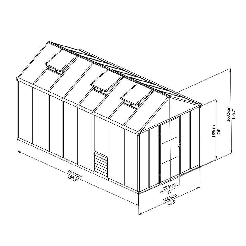 8'x16' Palram Canopia Glory Grey Large Polycarbonate Greenhouse (2.4x4.8m) Technical Drawing