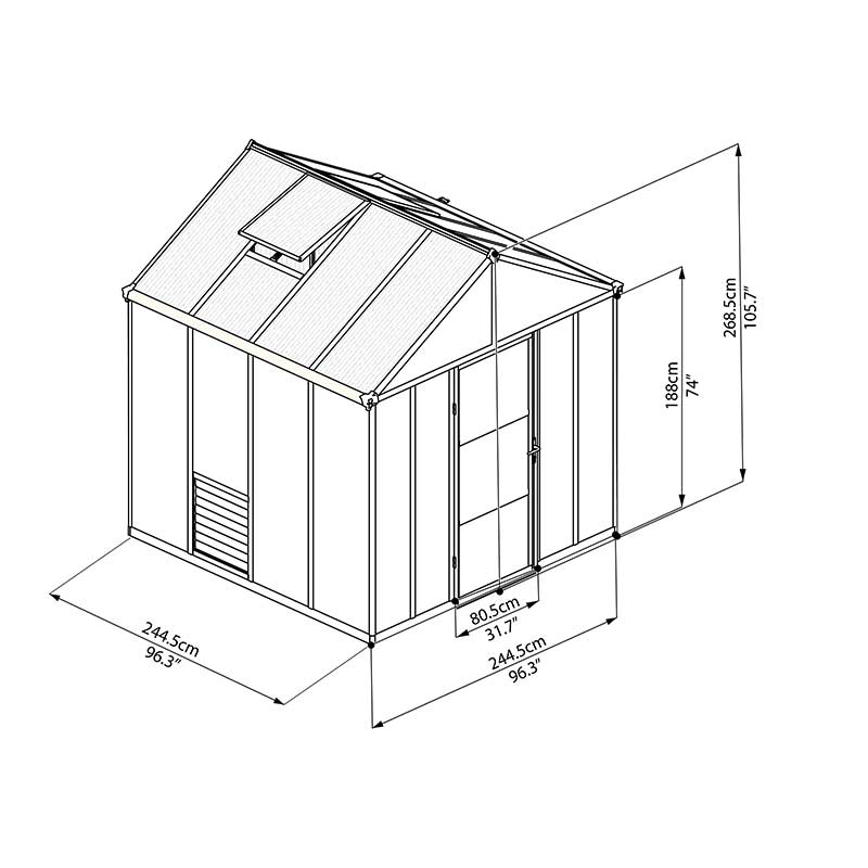 8'x8' Palram Canopia Glory Grey Walk In Polycarbonate Greenhouse (2.4x2.4m) Technical Drawing