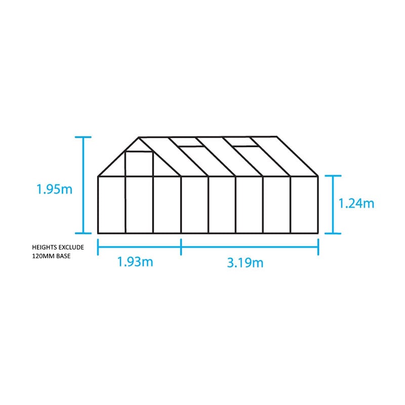 6'4 x 10'6 Green Frame Halls Popular 106 Greenhouse (1.93 x 3.19m) Technical Drawing