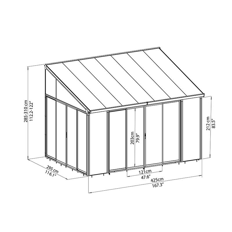 10'x14' (3x4.2m) Palram Canopia San Remo White Lean To Conservatory Technical Drawing