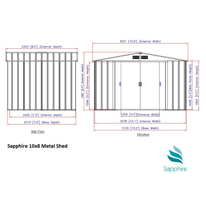 10' x 8' Sapphire Apex Green Metal Shed (3.22m x 2.42m) Technical Drawing