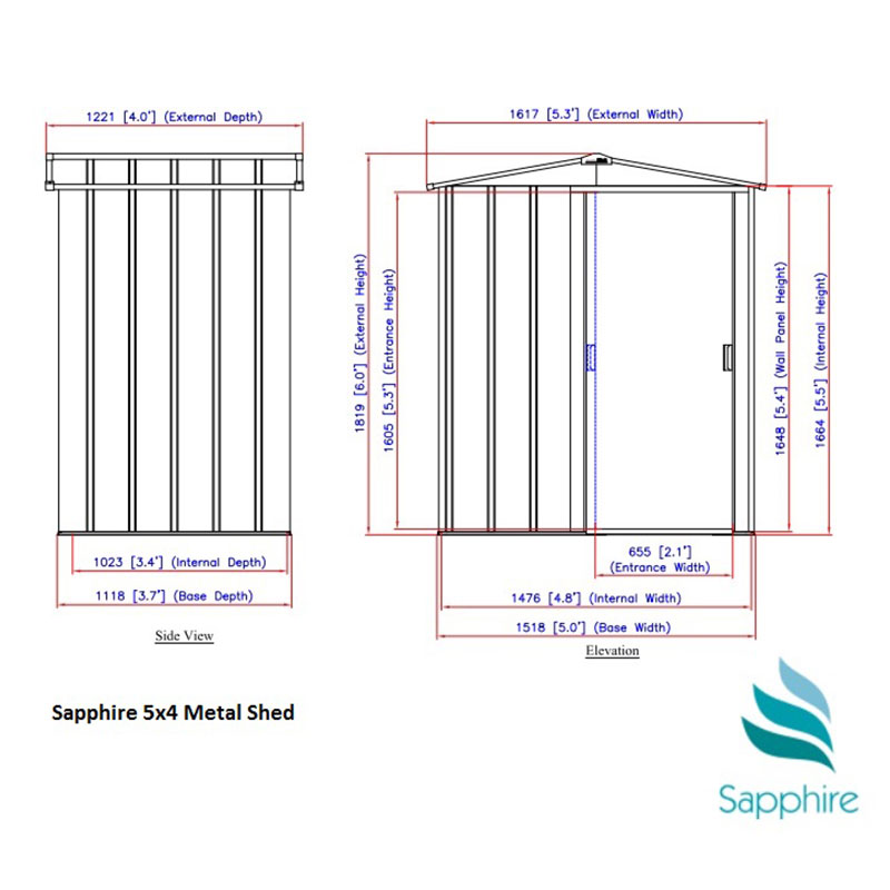 5' x 4' Sapphire Apex Anthracite Metal Shed (1.62m x 1.22m) Technical Drawing