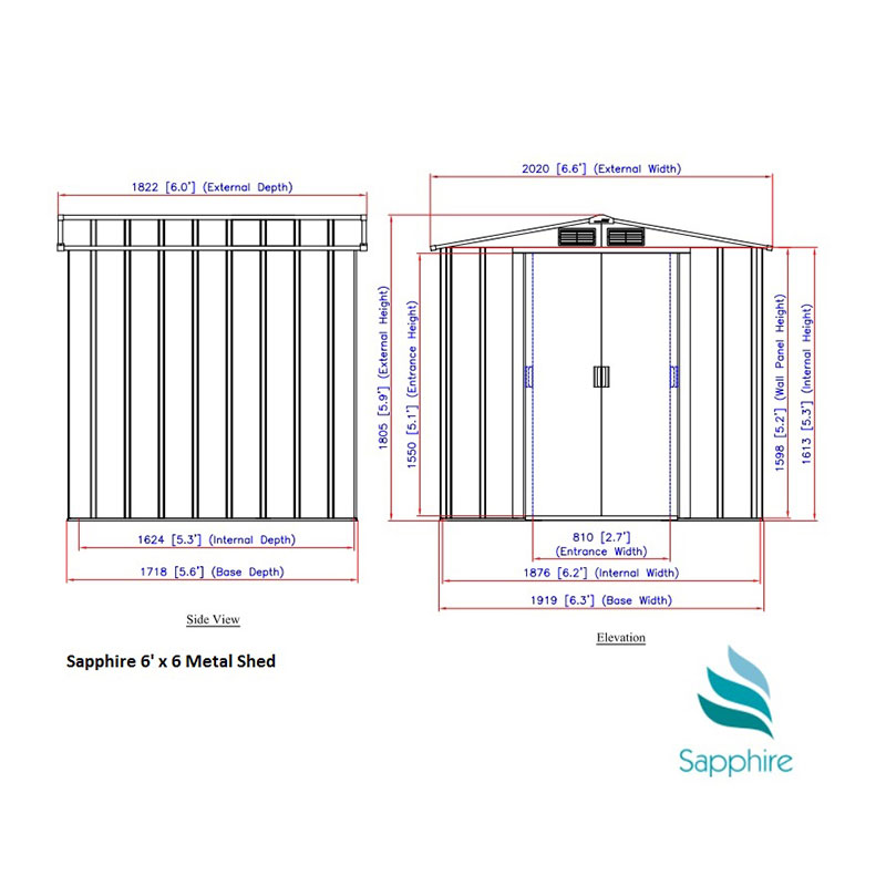 6' x 6' Sapphire Apex Anthracite Metal Shed (2.02m x 1.82m) Technical Drawing