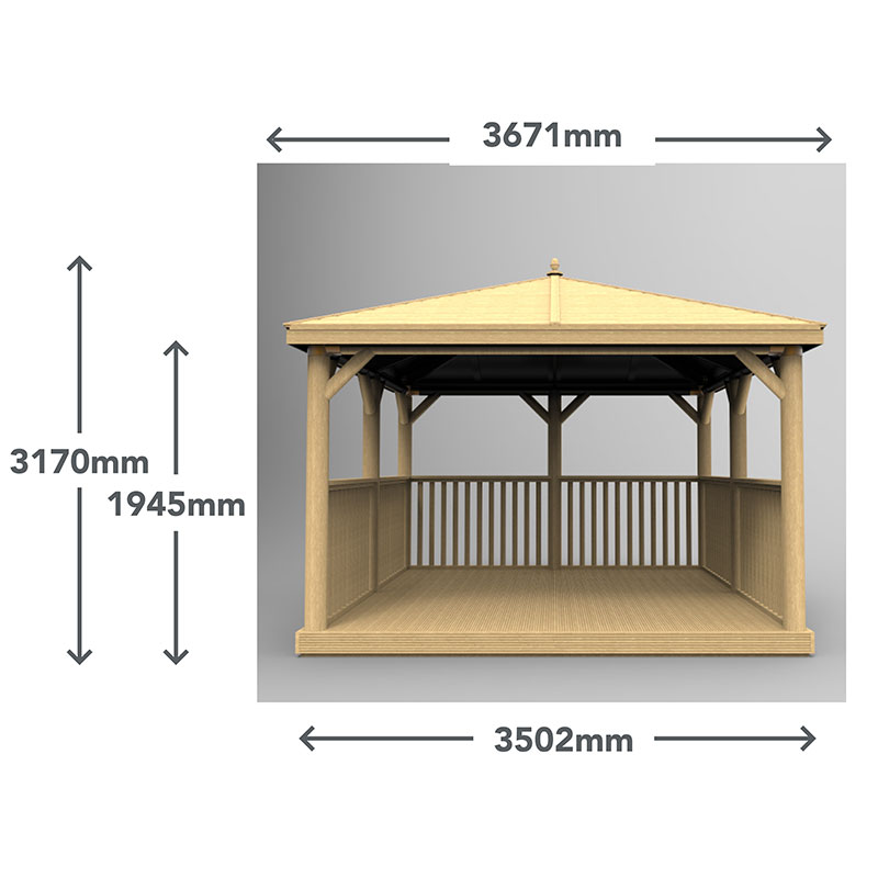 11'x11' (3.5x3.5m) Square Wooden Garden Gazebo with Traditional Timber Roof Technical Drawing