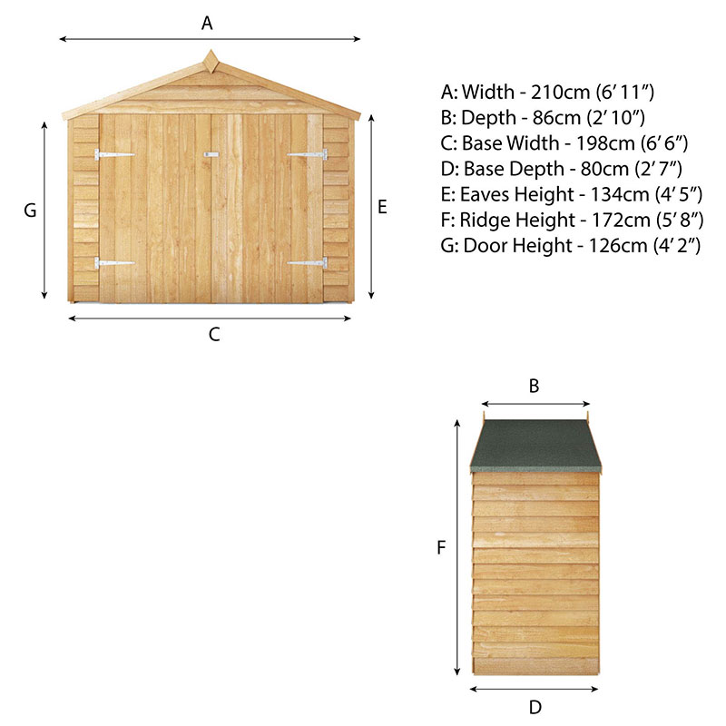 7' x 3' (2.01x0.82m) Mercia Overlap Wooden Bike Storage / Garden Shed Technical Drawing
