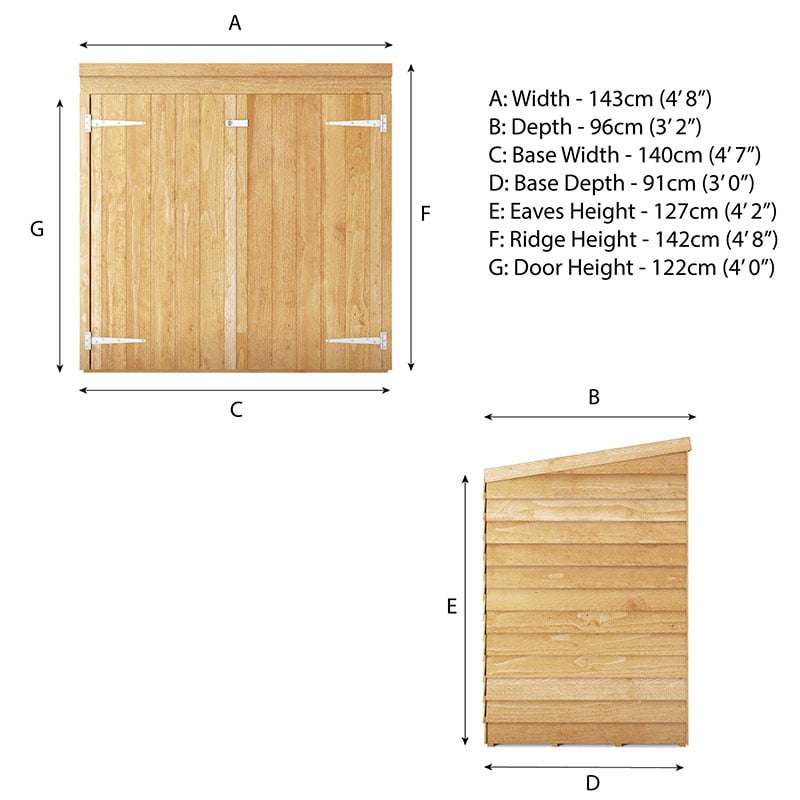 4'8 x 3'2 (1.43x0.95m) Mercia Overlap Mower Wooden Garden Storage Technical Drawing