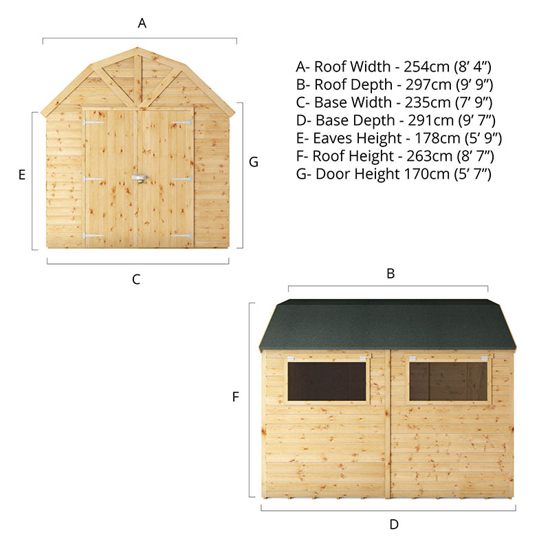 10' x 8' Mercia Shiplap Dutch Barn Shed (3m x 2.5m) Technical Drawing