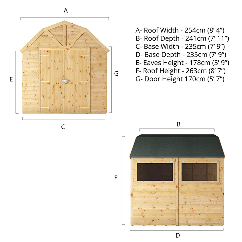 8' x 8' Mercia Shiplap Dutch Barn Shed (2.5m x 2.4m) Technical Drawing