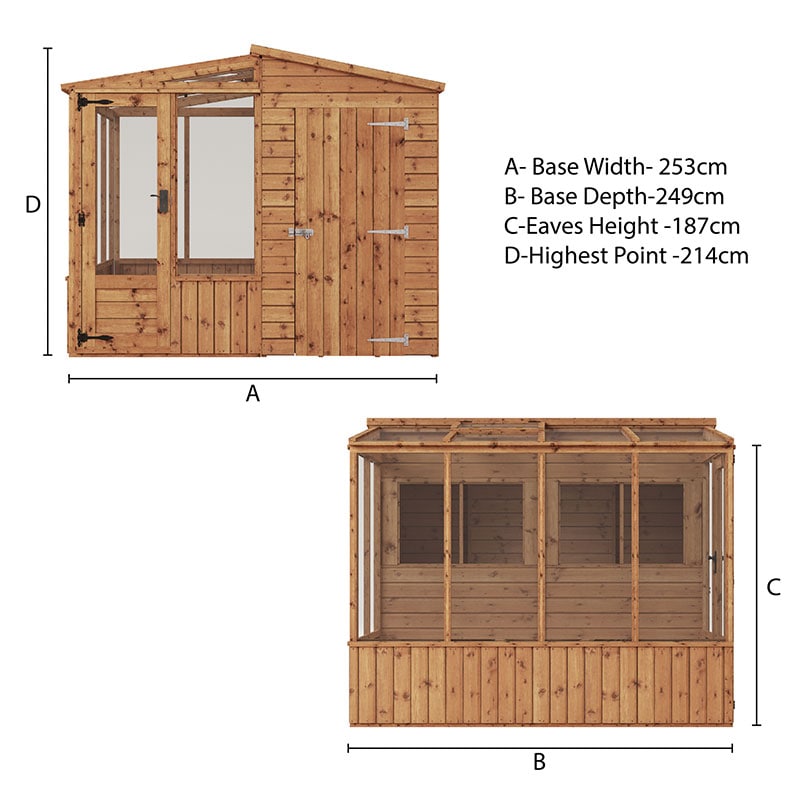 8'3 x 8'2 Mercia Wooden Combi Shed Greenhouse (2.53x2.50m) Technical Drawing