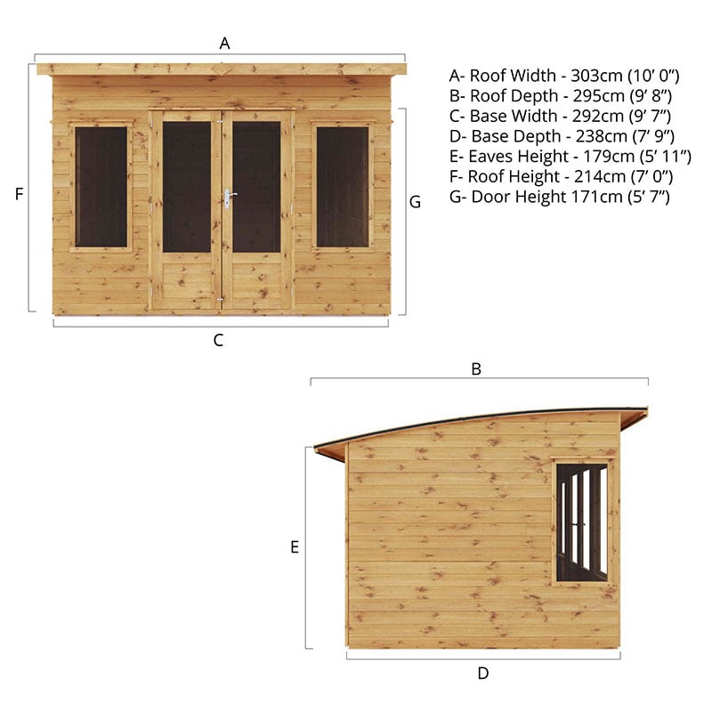 9'9 x 8 Mercia Helios Contemporary Wooden Summer House (2.97m x 2.44m) Technical Drawing