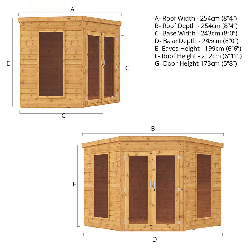 8' x 8' (3.6x2.8m) Mercia Premier Corner Wooden Summer House Technical Drawing