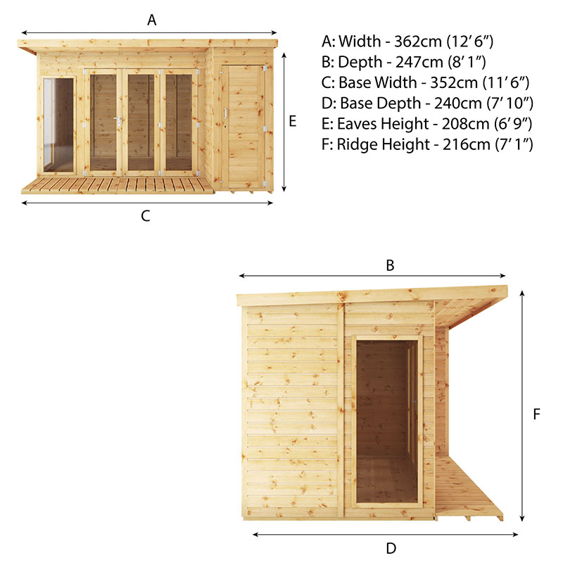 12' x 8' Mercia Premium Summer House with Side Shed (3.69m x 2.41m) Technical Drawing