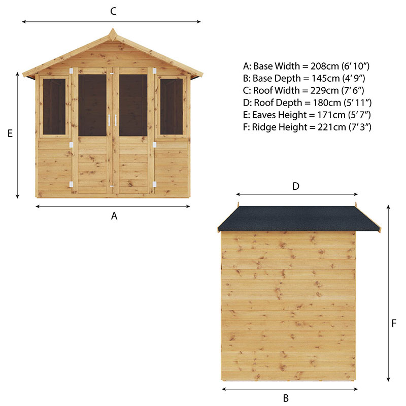 7' x 5' (2.12x1.48m) Mercia Shiplap Wooden Summerhouse Technical Drawing