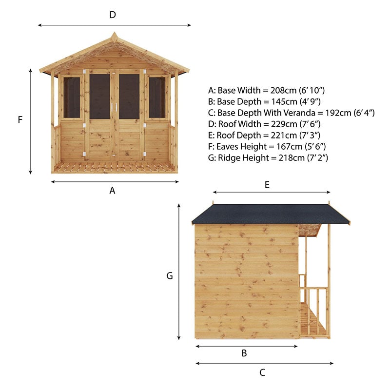 7' x 7' (2.12x1.94m) Mercia Shiplap Wooden Summerhouse with Veranda Technical Drawing