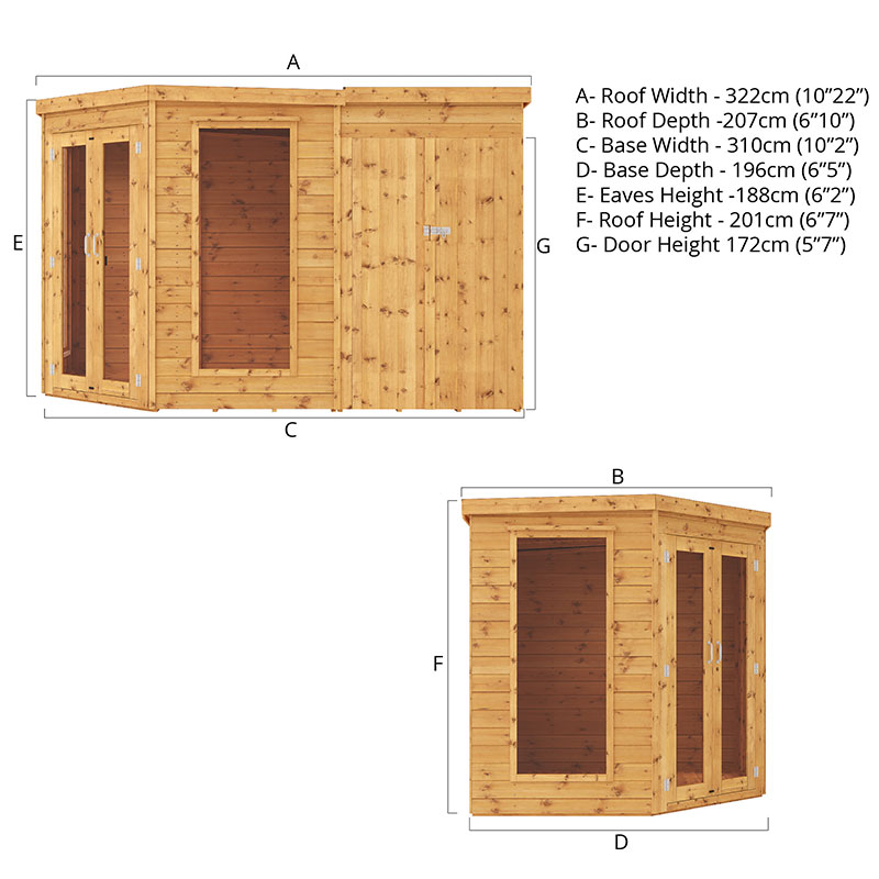 11' x 7' Mercia Corner Shiplap Wooden Garden Summer House with Side Shed (3.2m x 2.1m) Technical Drawing