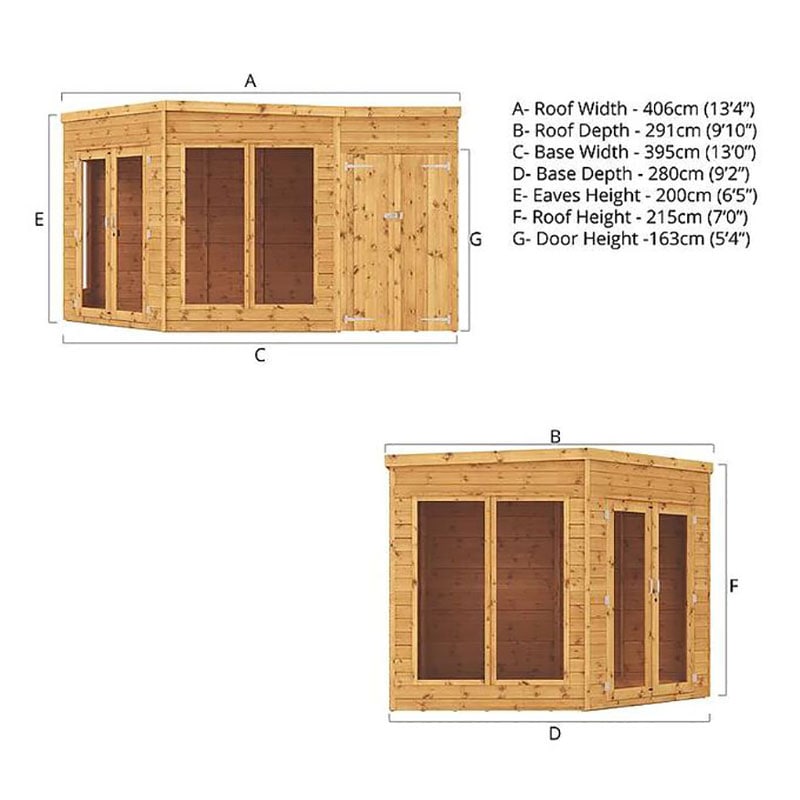 13' x 9' Mercia Premium Corner Summer House with Side Shed (3.95m x 2.8m) Technical Drawing