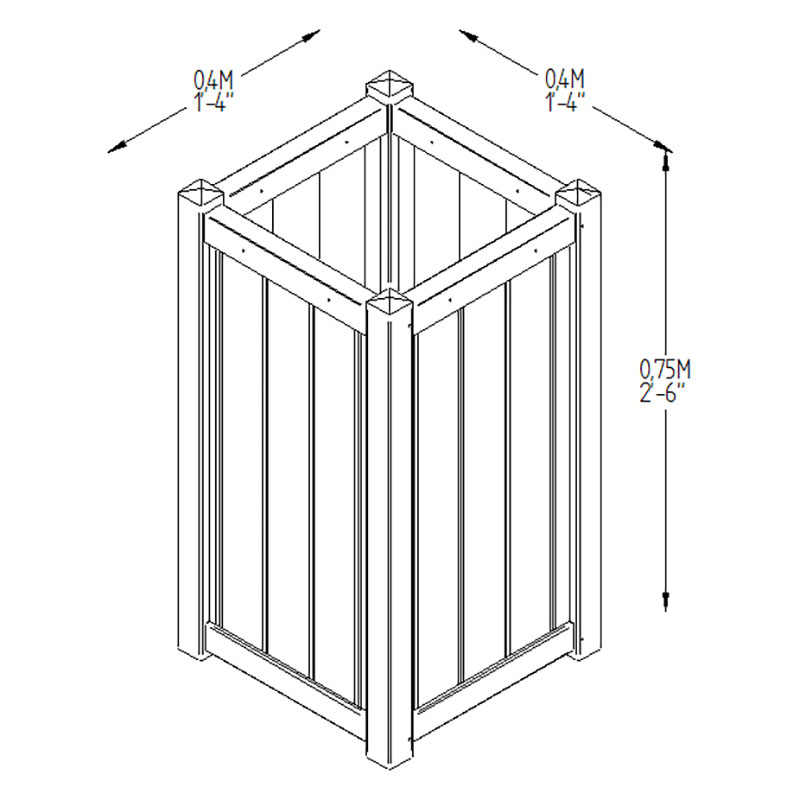 Forest Slender Small Wooden Garden Planter 1'x1' (0.3x0.3m) Technical Drawing